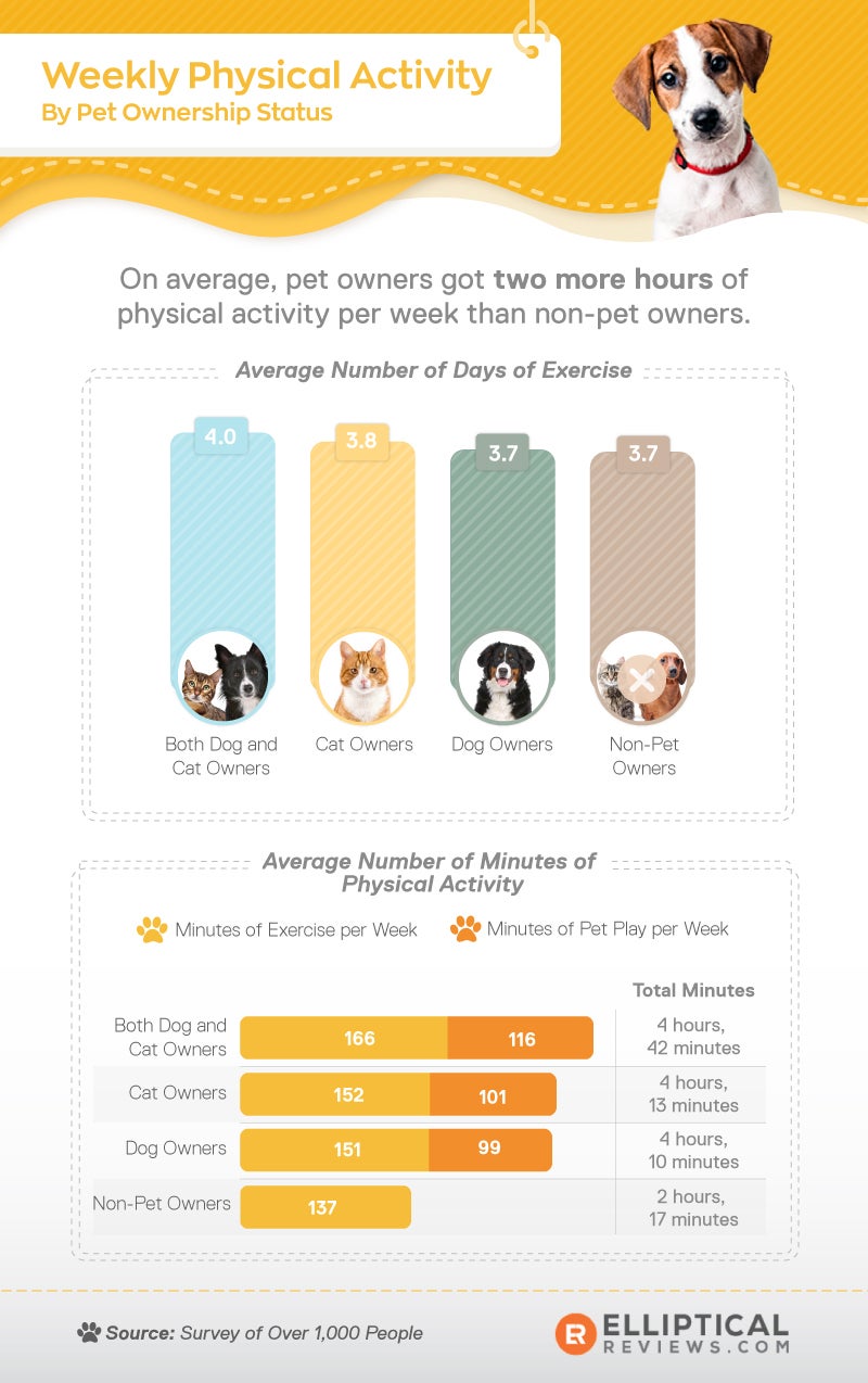 Weekly physical activity by pet ownership status. Average number of days of exercise is 3.8 for cat owners , 3.7 for dog owners, 3.7 for non-pet owners, and 4.0 for owners of both dog and cat. On average, pet owners got two more hours of physical activity per week than non-pet owners.