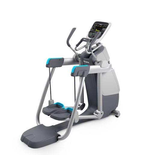 Precor amt 833 in a white and gray body frame highlighted with light blue panels