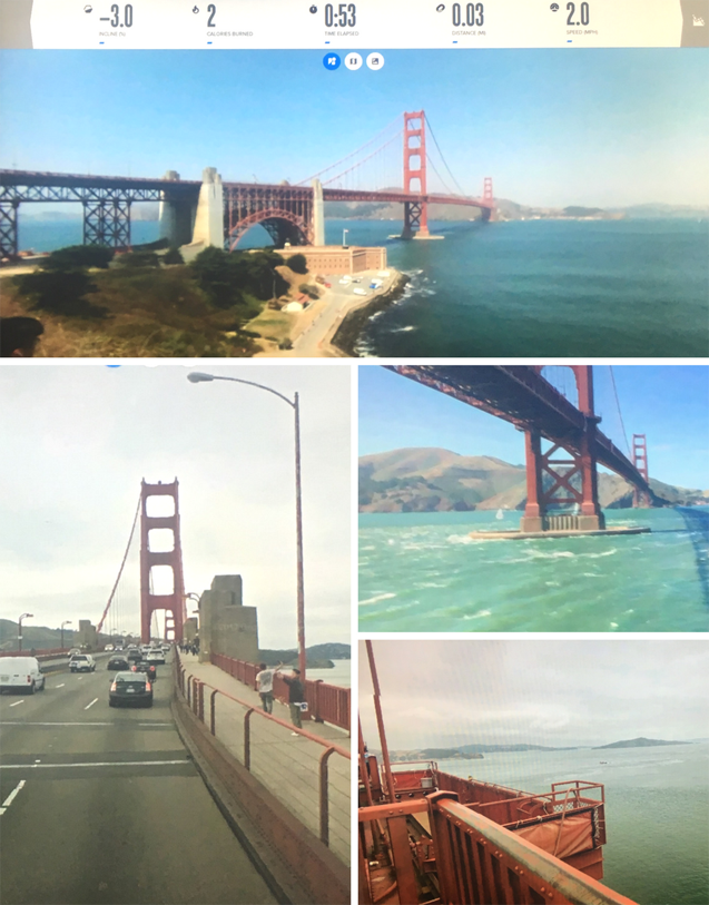 Snapshots of Interactive street views and off-road pictures of Golden Gate Bridge from Elliptical Workout